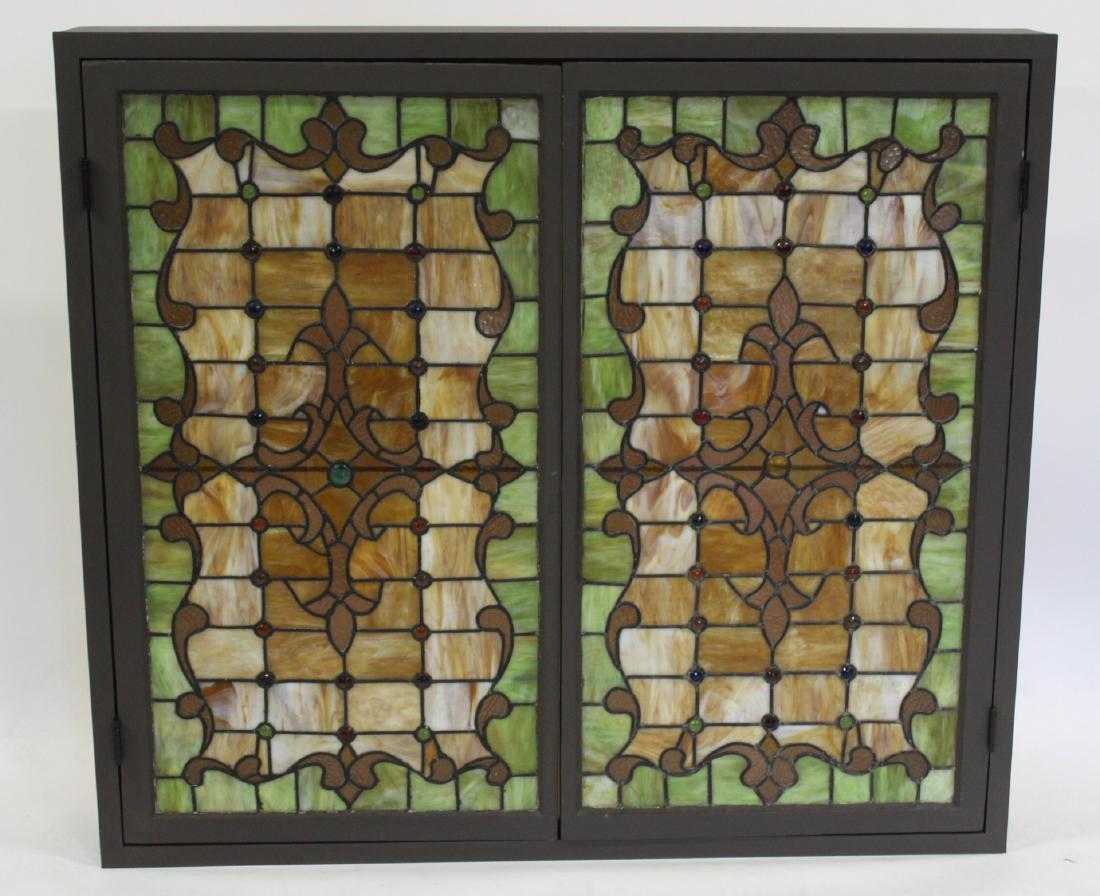 Pair of Antique Tiffany Style Leaded Glass Windows: Nicely framed in shadow box. From a Larchmont estate. - Dimensions: 29" x 51"