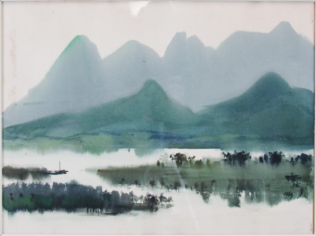 SHIY, De-Jinn. (Xi Dejin, China, 1923-1981).: River Landscape, 1969.Watercolor on paper. Signed in Chinese and dated '1969' (lower right). The rolling mountains of Taiwan and misty waterways are splashed in blues and greens. Strathmore watermark 