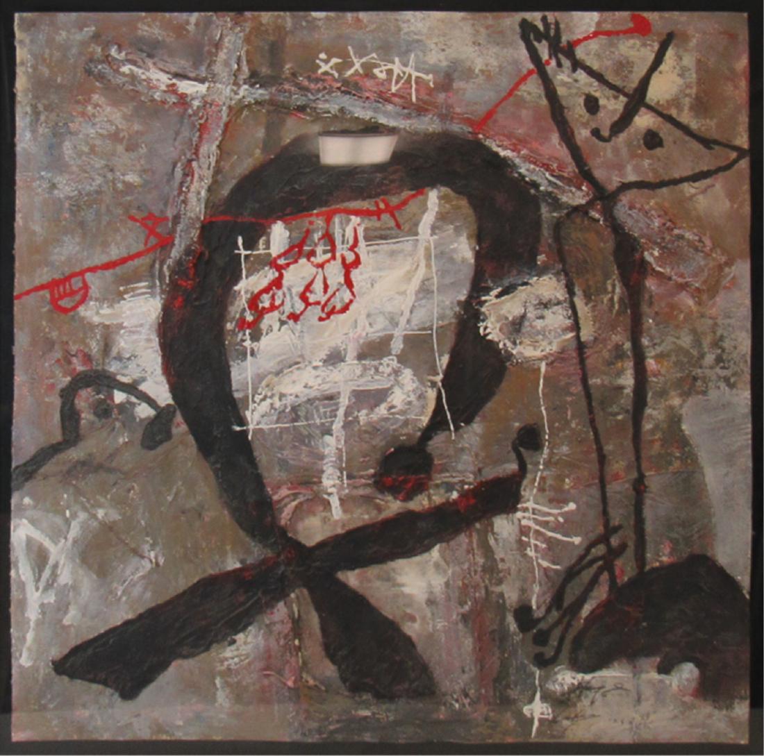The Zhou Brothers (Chinese-American, 20th C.): Abstract. Mixed media on paper. From a Pelham, NY estate. Dimensions: Sight: 35.75" square., framed: 43" h x 42.5" w.
