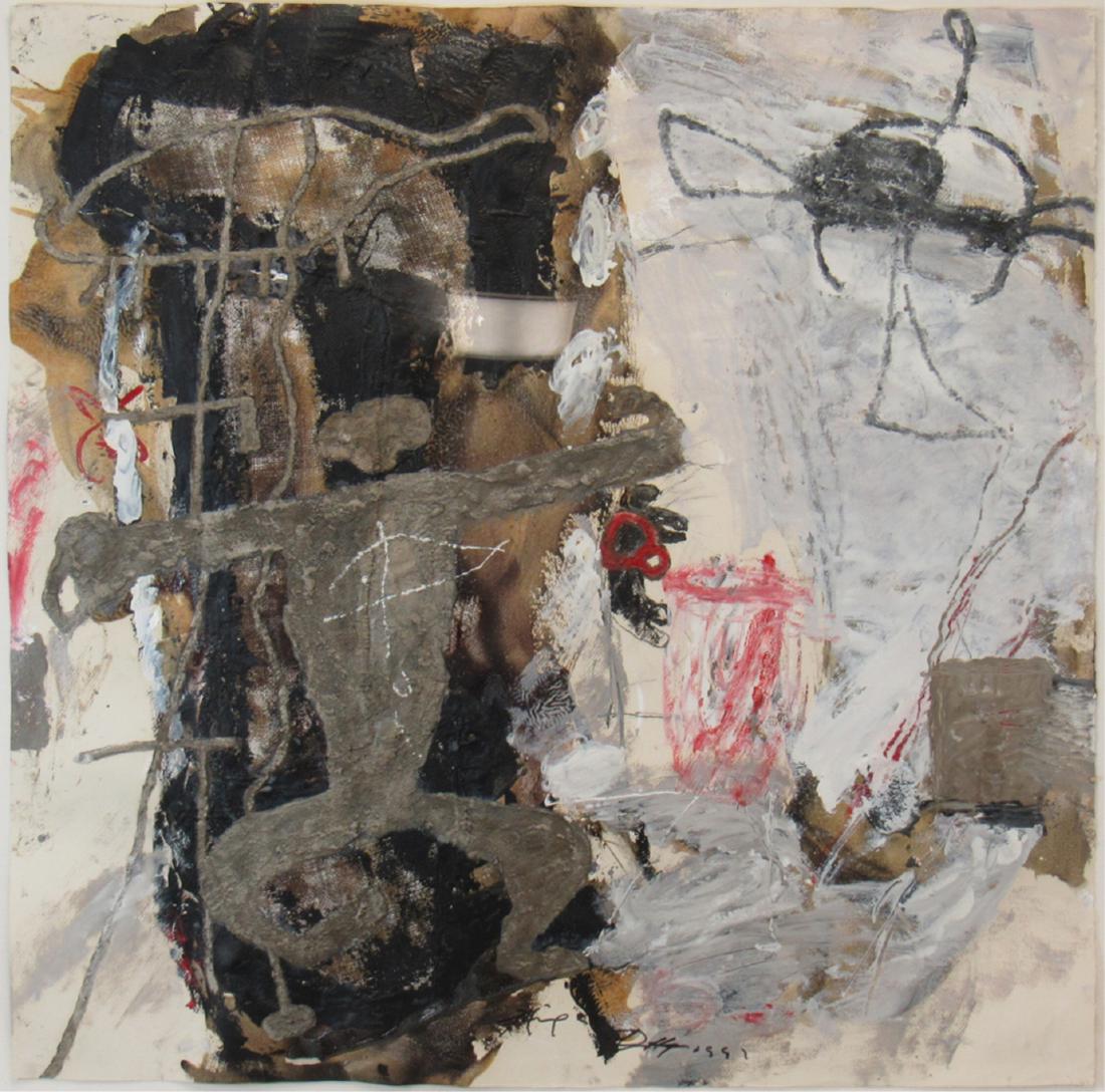 The Zhou Brothers (Chinese-American, 20th C.): "The Man in Dark". Mixed media on paper. Signed lower edge. Nahan Galleries label and title to verso. From a Pelham, NY estate. Dimensions: Sight: 35.75" square., framed: 43" h x 4
