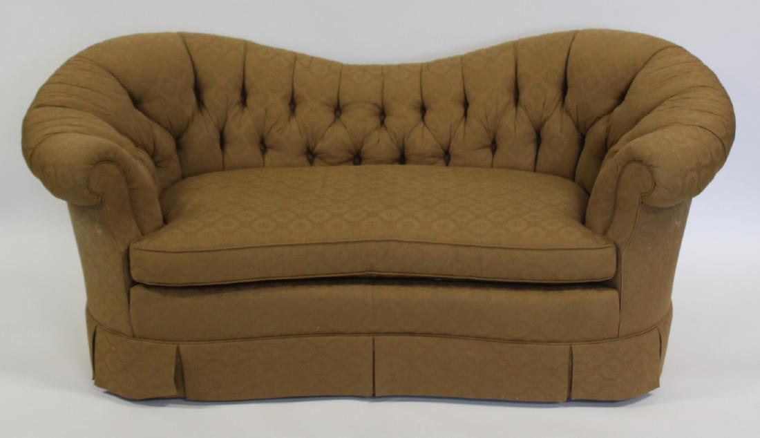 BAKER. Signed Upholstered Shaped Loveseat: From a Larchmont estate. - Dimensions: 67"W x 34"D x32"H