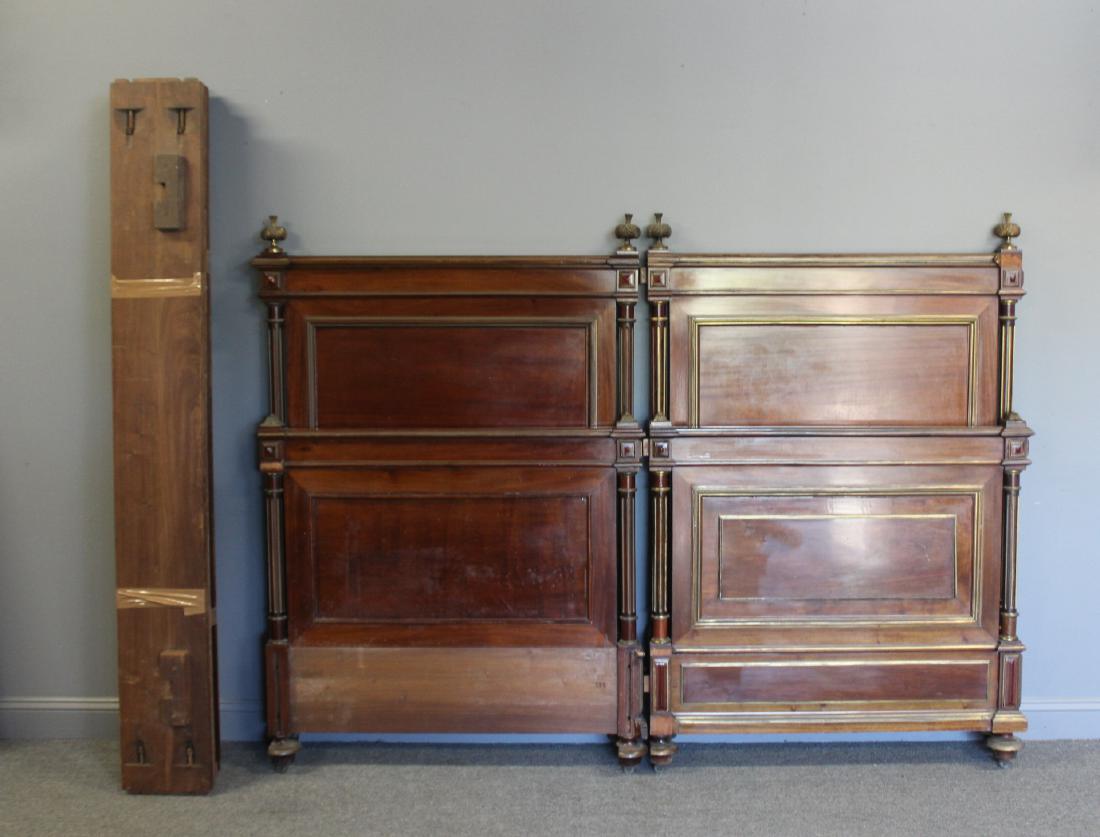 Pair Of Louis Philippe Style Brass Inlaid Beds: From an Armonk estate. Dimensions: Headboard: 42" w x 64" h, Footer 42" h