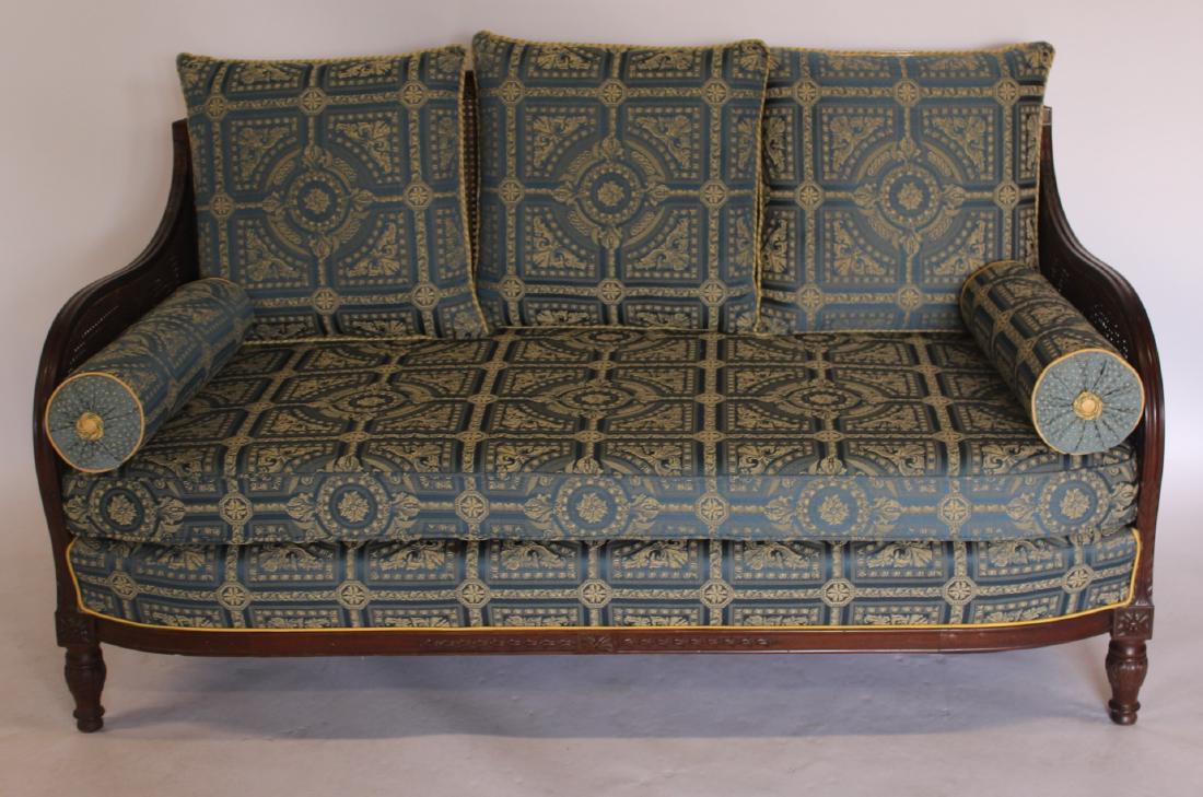 Antique Caned and Upholstered Settee.: Nice size and very decorative. From a Pearl River estate. - Dimensions: 64 1/2" w x 32" d x 36 1/2" h