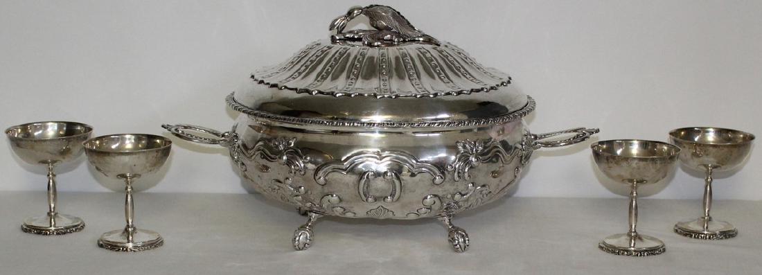 STERLING. Large Tane Sterling Covered Tureen.: Large Mexican sterling Tane Orfebres covered tureen with repousse work throughout, ball and claw feet, and a wonderful applied fruit and foliate form finial, stamped to underside, "Hecho en Mexic