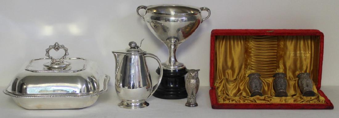 STERLING. Assorted Grouping of Silver Hollow Ware.: Includes a Howard & Co. sterling covered serving dish with gadrooning to border, retailed by Dominick & Haff; a William De Matteo handmade sterling pedestal jug with fruit form finial, stamped