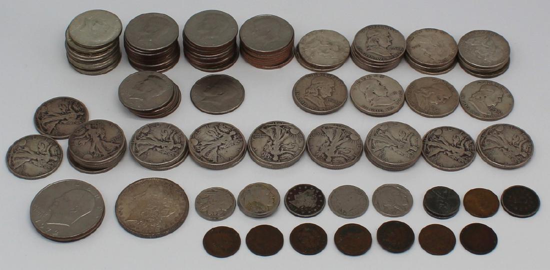 COINS. Grouping of Assorted American Coins.: Includes Kennedy half dollars: (10) 1971, (8) 1977, (5) 1972, (1) 1990, (10) 1974, and (10) 1967; Walking Liberty half dollars: (3) 1946, (3) 1945, (2) 1944, (5) 1943, (4) 1942, (3) 1941, (1) 1940, (1