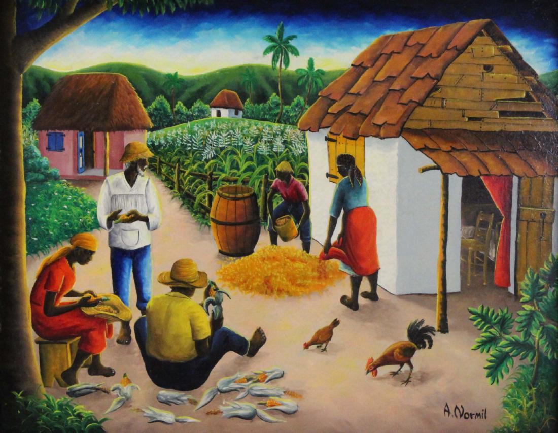 ANDRE NORMIL (HAITIAN, b. 1934).: Oil on Board. Haitian Scene. Signed lower right. From a Long Island, NY collection. - Dimensions: 16" high x 20" wide