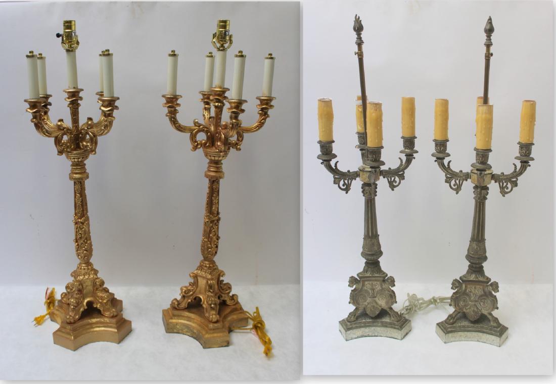 Vintage Table Lighting Lot.: Includes two patinated silvered metal lamps and two Gilt Metal table lamps. From a Harrison NY estate. gilt metal : 36"h and Silver metal : 28"h