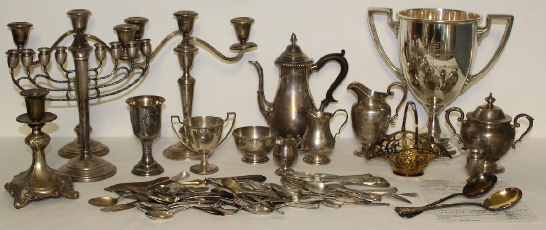 SILVER. Assorted Silver Hollow Ware and Flatware.: Includes a Gorham sterling trophy inscribed, "Presented to Howard Wood First President of The Masters League of Cement Workers of New York March 15, 1902"; a Whiting openwork gilt sterling b