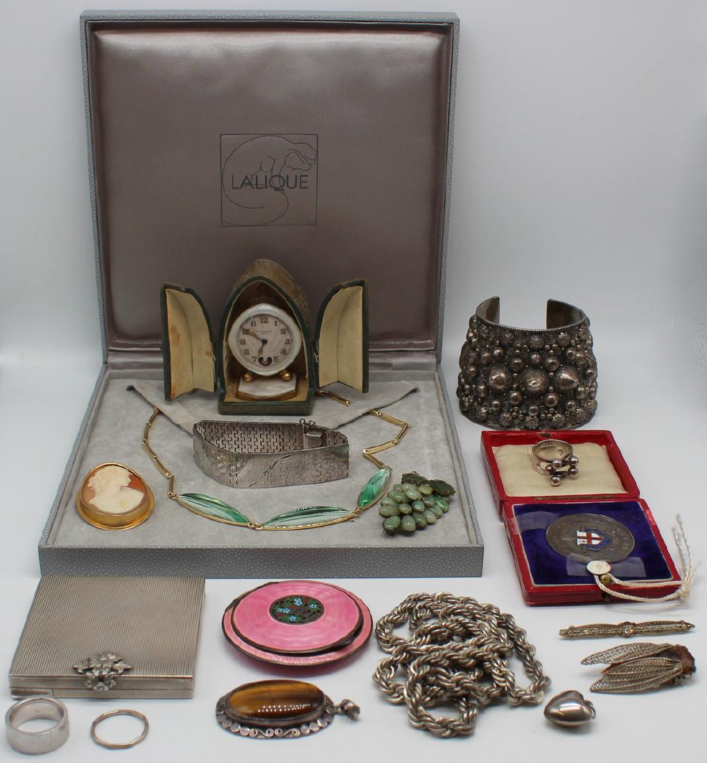 JEWELRY. Assorted Jewelry and Decorative Objects.: Includes a silver cuff bracelet - graduated in width; a Trinity College English silver medallion with enamel decoration - Birmingham, William James Dingley, 1909, with inscription verso and original f