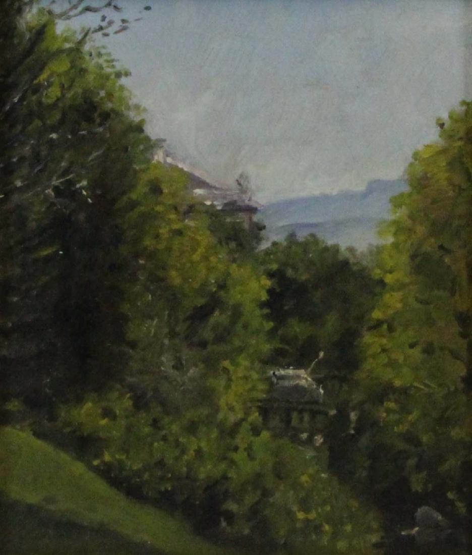 STANISLAS LEPINE (FRENCH, 1835-1892).: Oil on Panel. "Kiosque de Musique, Meudon". Marlborough Fine Art Ltd and Marlborough-Gerson Gallery labels affixed verso. From a White Plains, NY collection. - Dimensions: 8" hgih x 6.5" wid