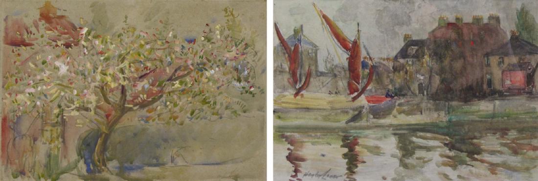 HAYLEY LEVER (AMERICAN, 1876-1958).: Lot of Two Watercolors to include: "Spring on the Farm, Smuggler's Run, Vermont", 1933, signed and dated lower right, titled on label verso, creasing at upper margin, sight: 9.25" high x 13.75" wide; 