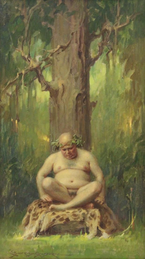 CHARLES BOSSERON CHAMBERS (AMERICAN, 1883-1964).: Oil on Board. Silenus. Signed lower left. From the collection of Jon F. Anderson. - Dimensions: 17.5" high x 9.75" wide