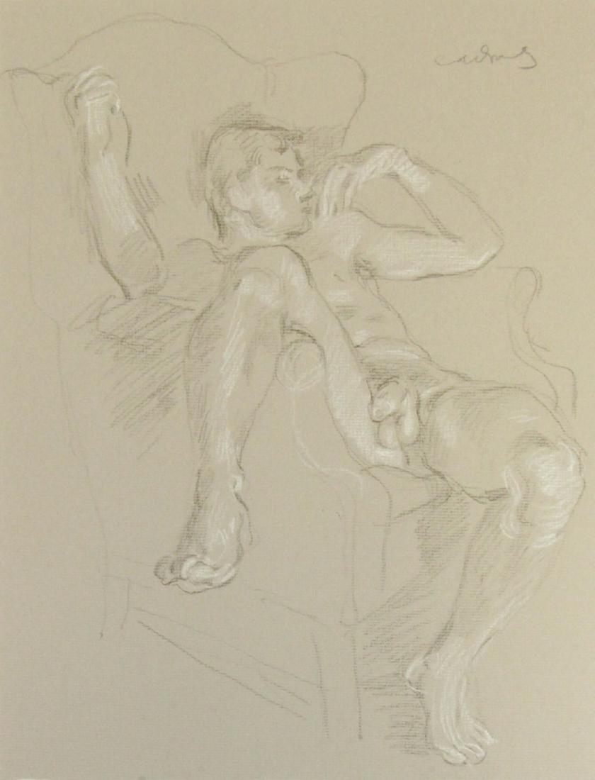 PAUL CADMUS (AMERICAN, 1904-1999).: Crayon on Paper. Nude in Sleeping in Chair. Signed upper right. From the collection of Jon F. Anderson. - Dimensions: Sheet: 13" high x 10" wide
