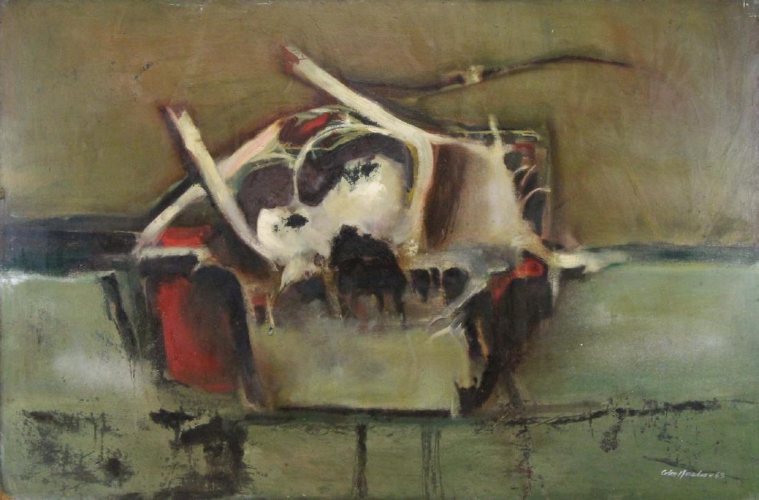 RAPHAEL COLON MORALES (PUERTO RICAN, b. 1941).: Oil on Board. Abstract Composition. Signed lower right. Signed verso. From a Long Island, NY collection. - Dimensions: 31.5" high x 41" wide