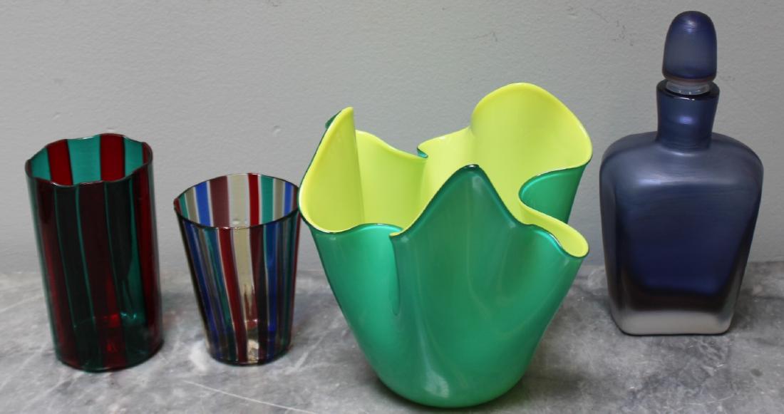 VENNINI. Lot Of 4 Cabinet Glass Items .: To include a handkerchief vase (7" x 7"), 2 glasses (4.25" and 5.25") and a bottle with stopper (8.5"). From a Larchmont estate.