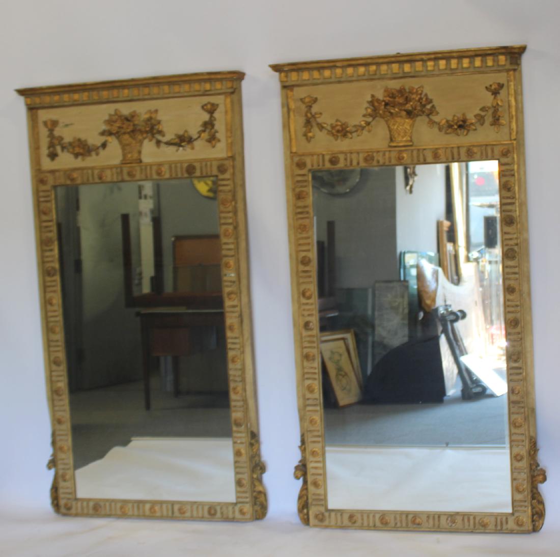 Pair Of Impressive Antique Carved, Paint & Gilt: Decorated Trumeau Mirrors. From a Scarsdale estate. - Dimensions: 40" x 75"