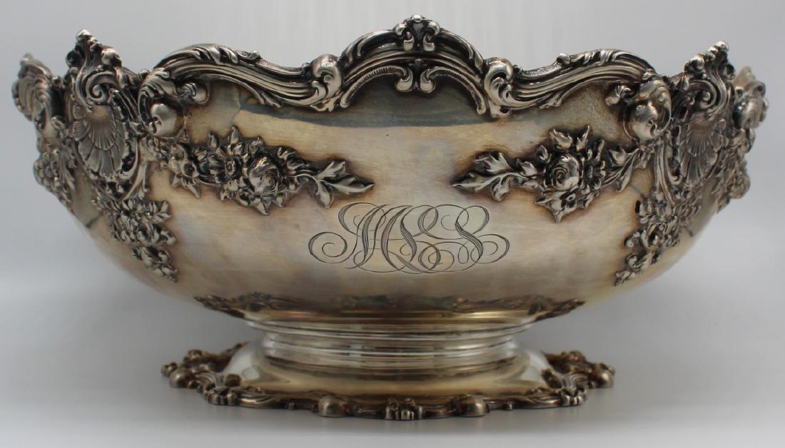 STERLING. Bailey Banks & Biddle Center Bowl.: Bailey Banks & Biddle Co. sterling pedestal bowl with applied floral swags and shell design to shaped edge bowl and scroll motif to pedestal base. Inscribed to underside, "Martha Lee Jenkins