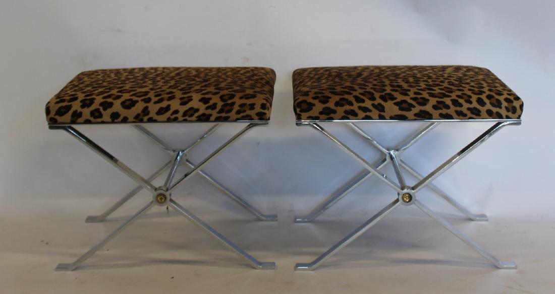 MIDCENTURY. Pair Of Brass And Steel X Form: Upholstered Benches. Nice heavy, quality with animal print fabric. From a Long Island estate . - Dimensions: 21" x 16.5" x 17"H