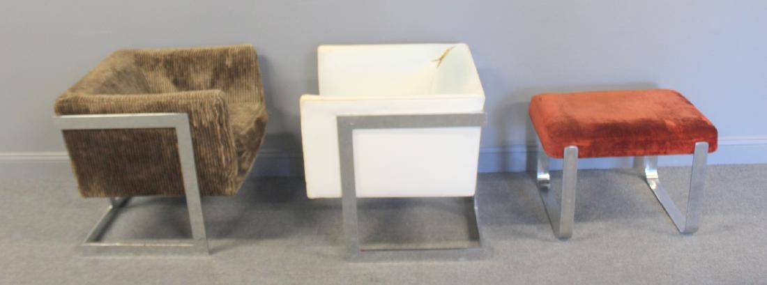 MIDCENTURY. Pair Of Chrome Club Chairs and An: Ottoman. Chairs signed Thayer Coggin and from a New Jersey estate. - Dimensions: 24" x 21" x 26"H Ott 24"x 19"x 18"H