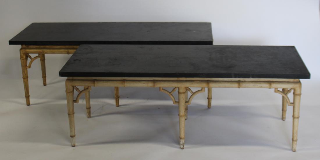 A Pair Of Slate Top Tables With Bamboo Form: Bases. From the collection of John Anderson. - Dimensions: 50" x 19" x 17"H