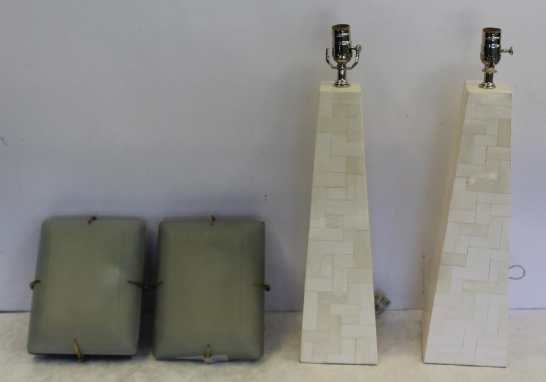 MIDCENTURY. Style Lighting Grouping.: To include a pair of sconces 11" x 8.5" x 5"D and a Tessalated bone pair of obelisk form lamps 24"H