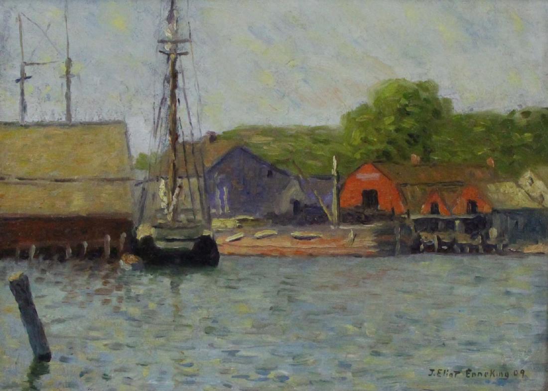 J. ELLIOT ENNEKING (AMERICAN, 1881-1945).: Oil on Board. Port Scene. 1909. Signed and dated lower right. Old label affixed verso. From a Fairfield, CT collection. - Dimensions: 10" high x 14" wide