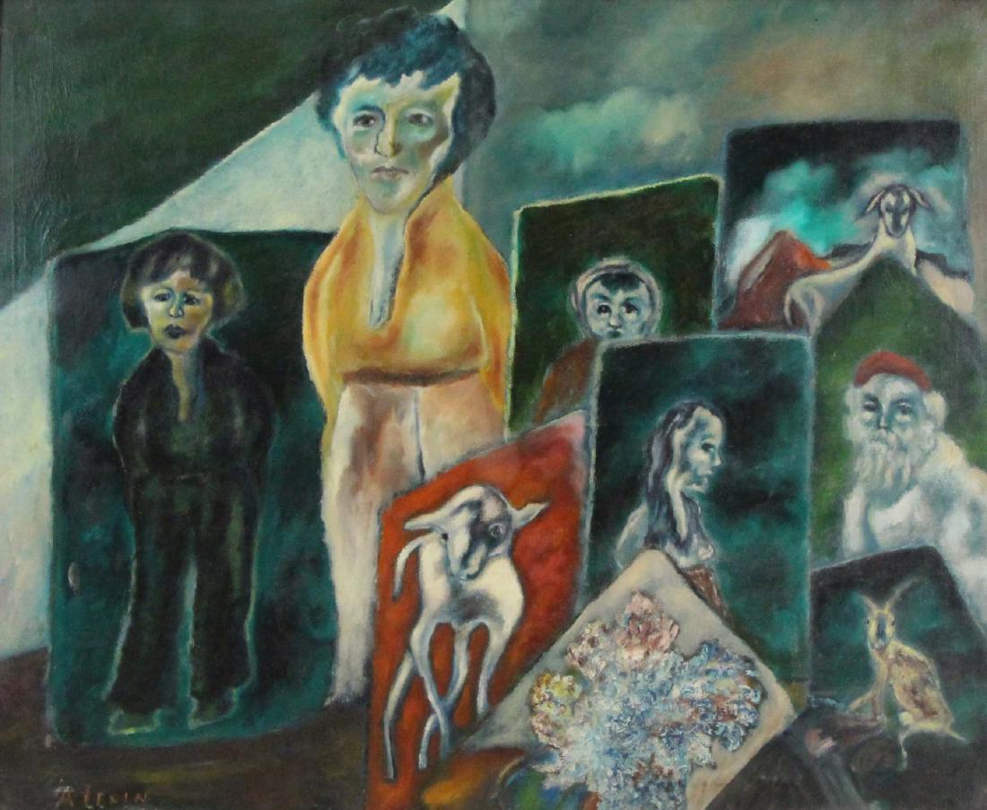 ABRAHAM LEVIN (LITHUANIAN-AMERICAN, 1880-1957).: Oil on Canvas. Surrealist Scene. 1942. Signed and dated lower left. From a Long Island, NY collection. - Dimensions: 30" high x 36" wide