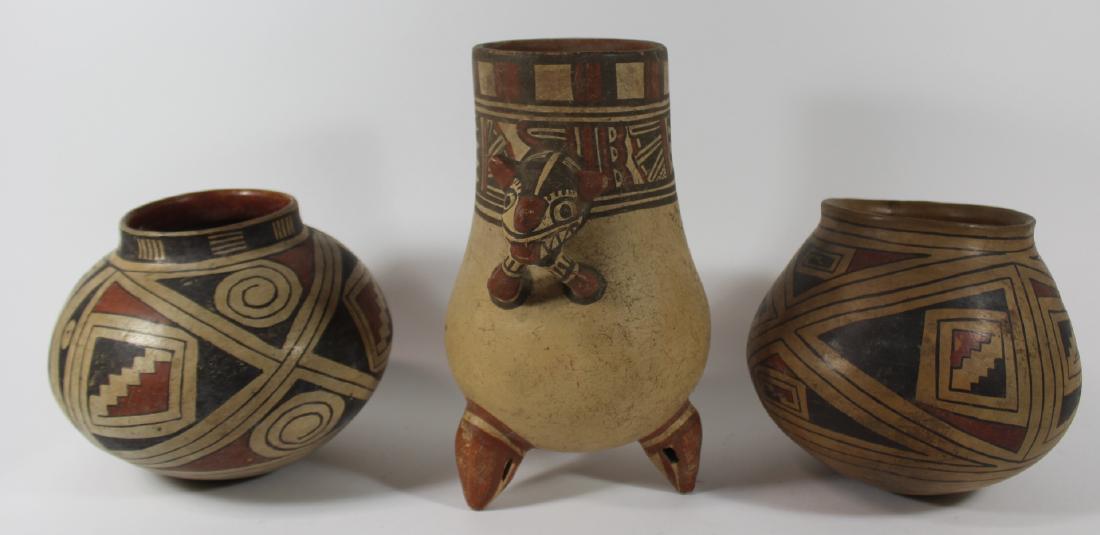 3 Antique Clay Pottery Items.: To include 2 pots 8 & 8.5" approx and a footed vessel 12" x 7". Possibly Native American. From a Long Island estate.