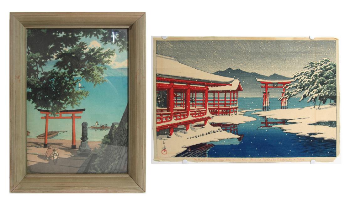 HASUI, Kawase (Japanese, 1883-1957). Two Later: Woodblock Prints. Miyajima Shrine in the Snow, titled lower margin "The Miyajima Shrine in Snow," Artist-Kawase Hasui, Wood-cut Printing by S. Watanabe, in Tokyo." Backed on heavy paper