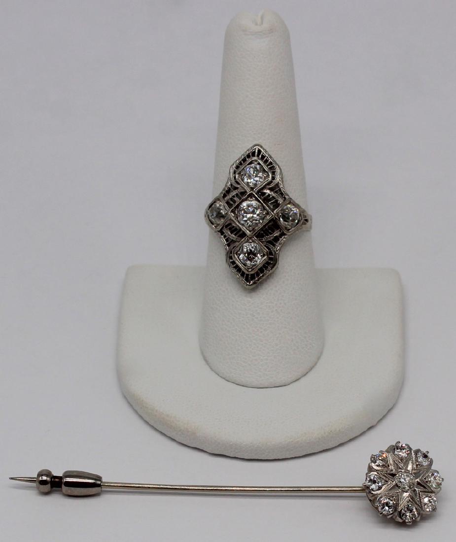 JEWELRY. Antique Diamond Jewelry Grouping.: Includes an Art Deco 14kt white gold filigree ring set with (5) Old Mine cut diamonds - (4) diamonds measuring approx. 4mm, (1) measuring approx. 4.7-5mm; approx. color of H/I, approx. clarity of VS2/