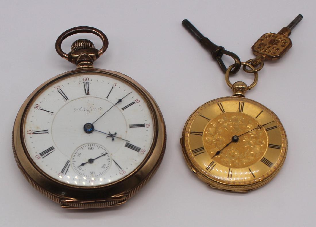 JEWELRY. Grouping of (2) Pocket Watches, 1 Gold.: Includes an 18kt gold open face pocket watch - with scrolling foliate design to dial, stamped to interior of case, "18k, 12881", with two keys - one inscribed, "James Saffron Walden, Wa