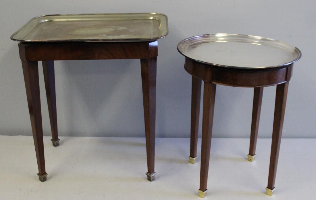 Lot Of 2 Silverplate Tray Top Tables: From a stately Greenwich CT estate. - Dimensions: 20" x 15" x 21" h & 16" dia x19" h