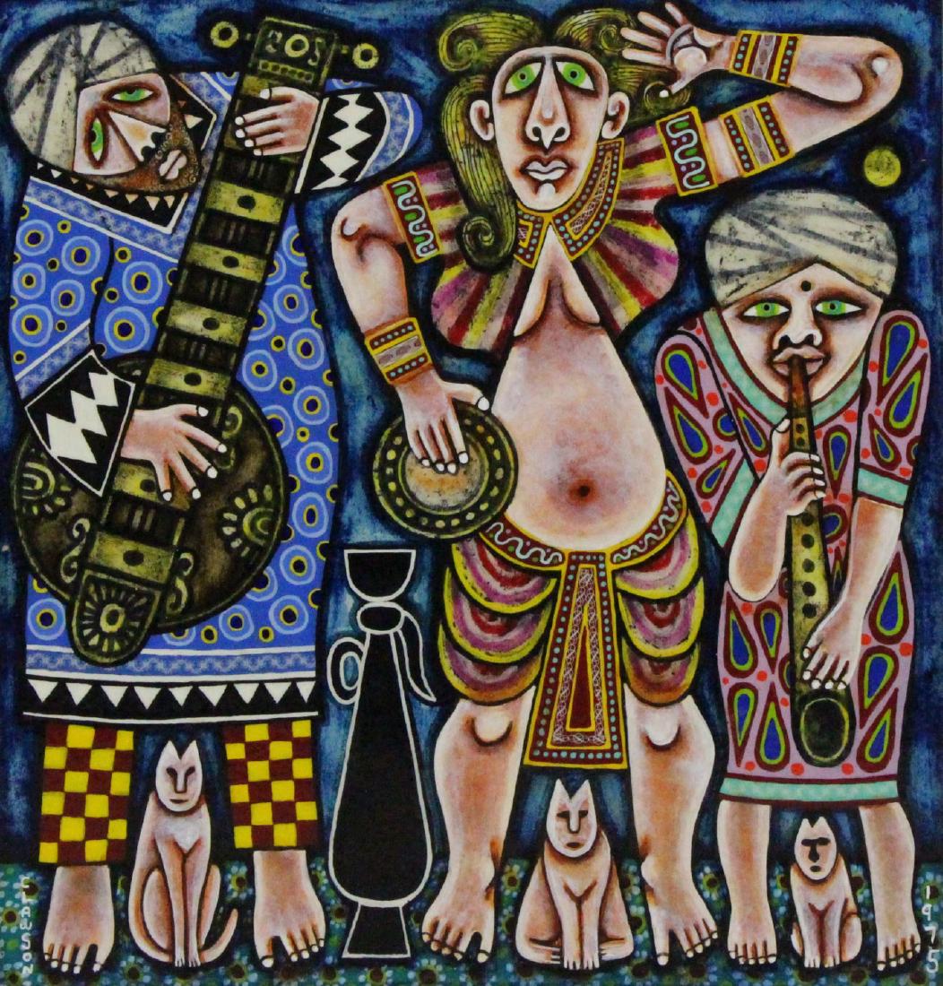 REX CLAWSON (AMERICAN, 1929-2007).: Oil on Masonite. Musicians. 1975. Signed lower left. Dated lower right. From a Bronxville, NY collection. - Dimensions: 15" high x 14.25" wide