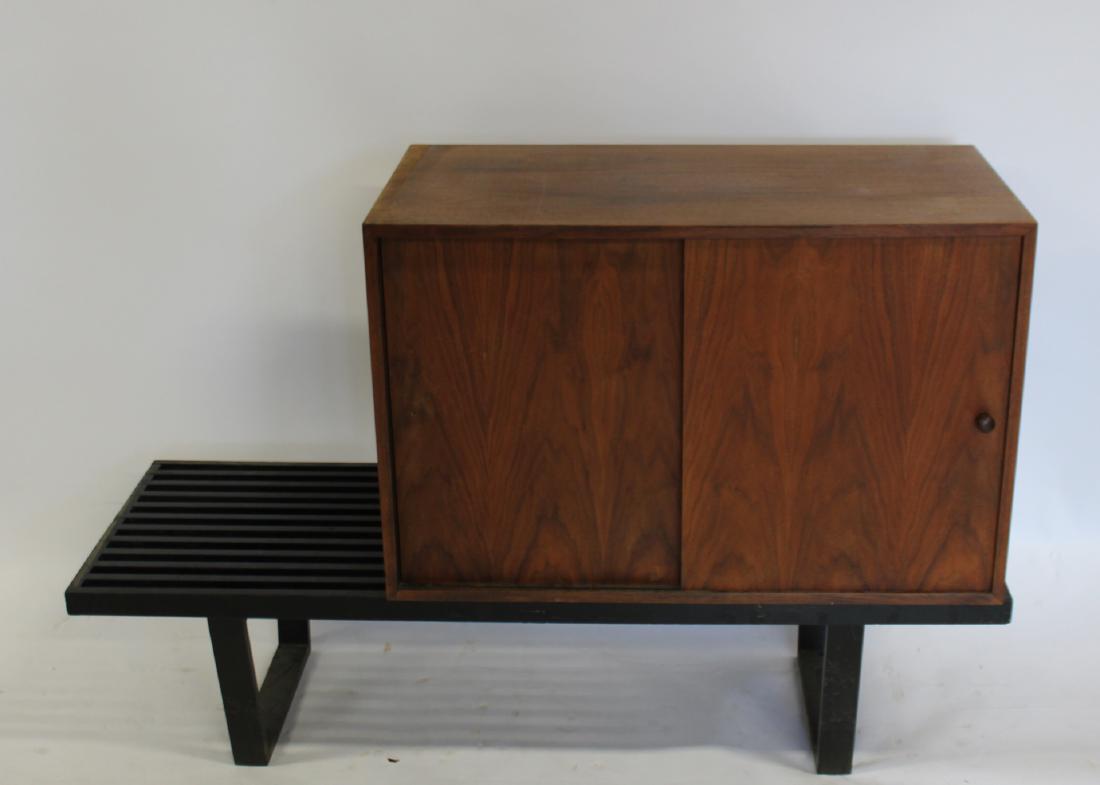 MIDCENTURY. Herman Miller/George Nelson Lacquered: Slatted Bench With Sliding Door Cabinet. Dimensions: Bench: 56.5" x 18.5" x 14"H and Sliding door 36" x 18" x 23". From a New Rochelle estate.