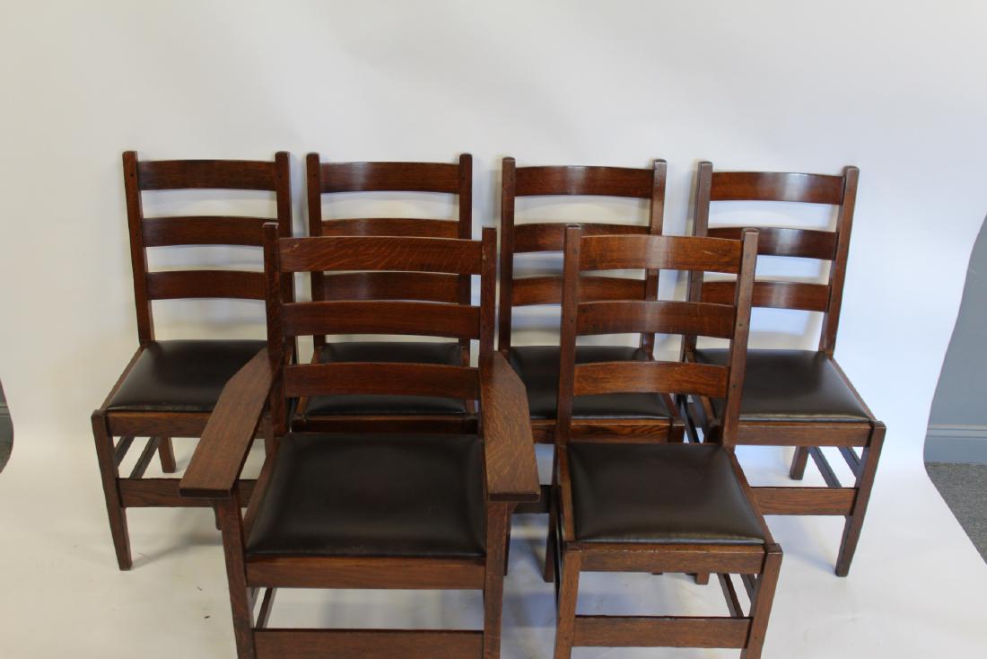 GUSTAV STICKLEY 6 Dining Chairs.: Model #348 1/2 and Model 348 1/2A. Five Side chairs and One arm Chair. From a Cortland Manor Estate. Dimensions : 17"x16.5" x36.5" Arm Chair 25"x 18.5" x 36.5"