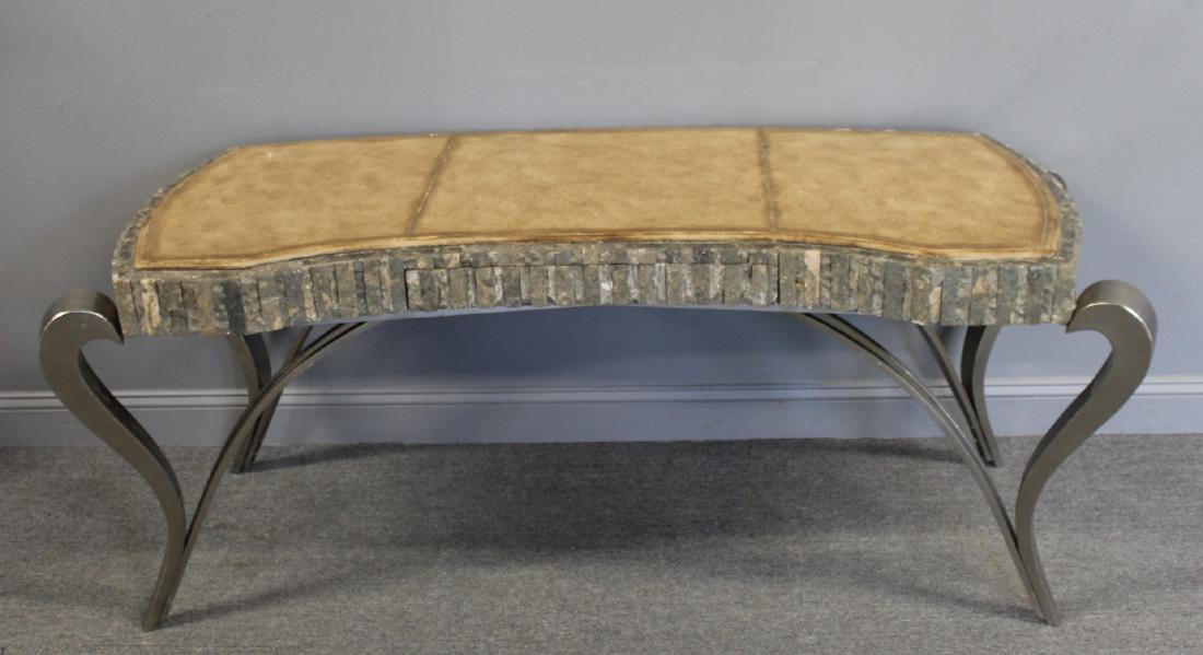 Impressive Leather & Marble Steel Coffee Table: with Steel Base. From a White Plains NY estate. - Dimensions: 71" w x 28" d x 28.5" h