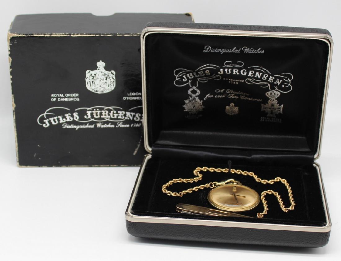 JEWELRY. Men: Men's grouping including a vintage Jules Jurgensen 14kt yellow gold open face pocket watch. Accompanied by a 14kt yellow gold watch fob with rope twist chain, and a Pioneer gold-filled pocket knife. W