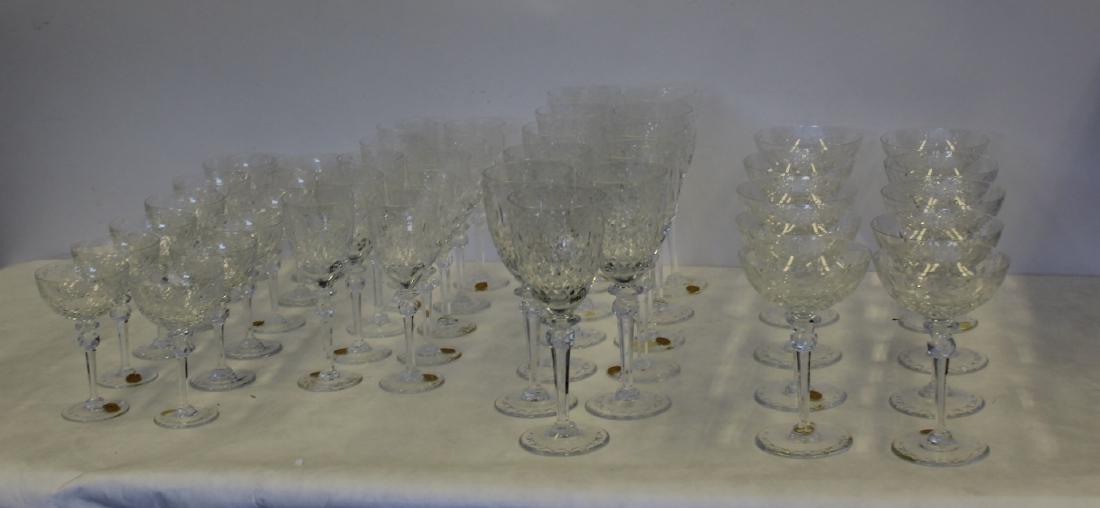Rogaska Gallia Lead Crystal Glasses: To include 10 Champagne glasses (4.75" dia x 7" h), 19 Red glasses (3.5" dia x 9.25" h), 13 White wine glasses (2.75" dia x 7.75"), 12 Dessert glasses (3.5" dia x 6"h), 16 Cordial glasses (2" x 5"h).