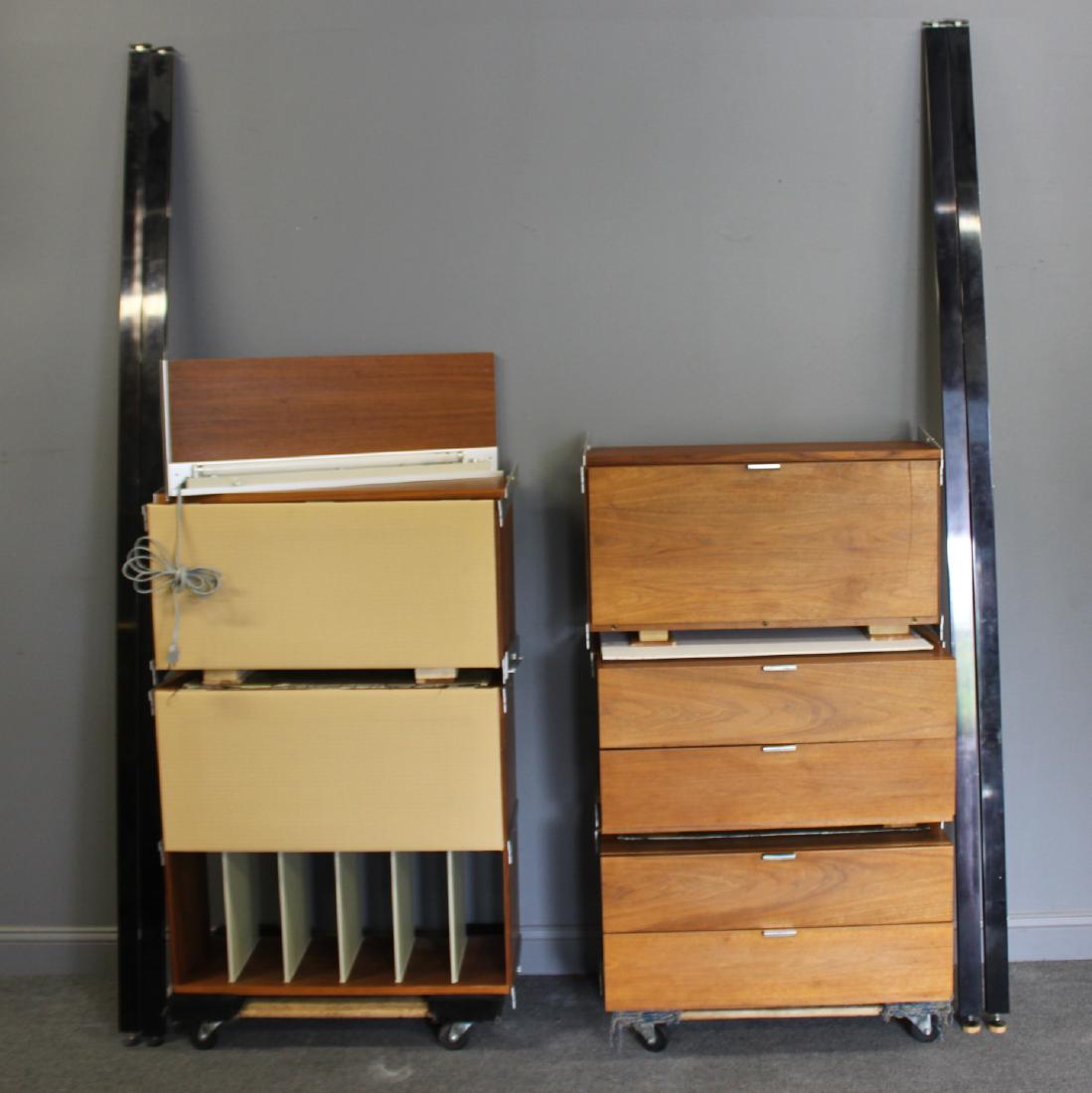 MIDCENTURY. George Nelson Herman Miller Wall: Unit. To include 2 pull up fabric units (32" x 12.5" x 15 1/2" h), 1 partitioned unit (32" x 12" x 15" h), 1 pull down wood unit (32" x 12.5" x 15 1/2" h), 2 two draw wood units (32" x 19.5" x 15" h),