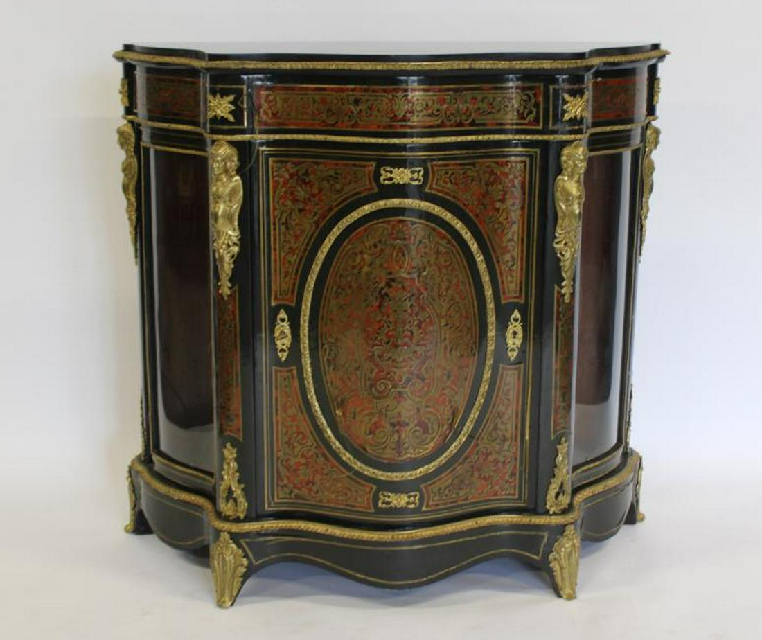 19 Century French Marbletop And Serpentine Front: Boulle Cabinet. From a Mamaroneck NY estate. - Dimensions: 46" x 18.5" x 43" h