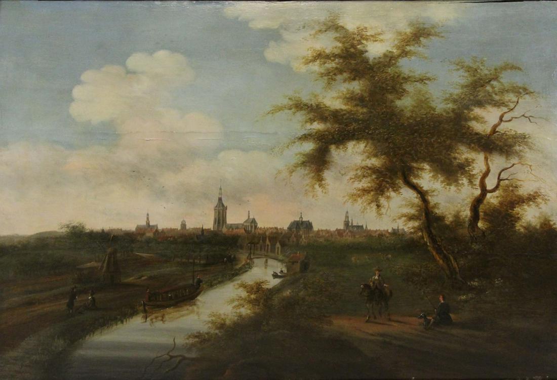 THOMAS HEEREMANS (DUTCH, 1640/41- 1694/97).: Oil on Panel. View of Ghent with a Ferryboat on a River. Signed lower right. From a Scarsdale,NY collection. - Dimensions: 33" x 22.5"