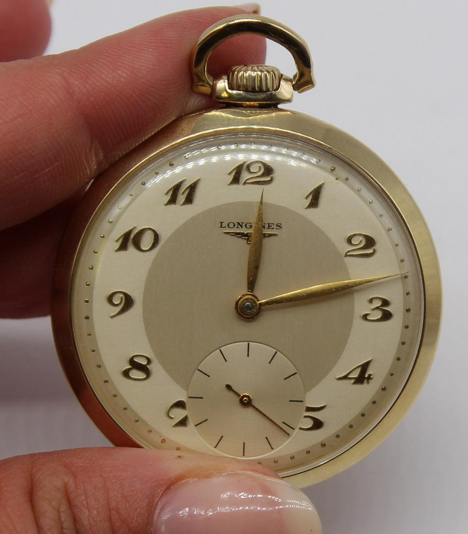 JEWELRY. Longines 14kt Gold Pocket Watch.: Longies 14kt yellow gold pocket watch with subsidiary seconds dial. Longines Watch Co. movement, 17 jewels, no. 9071180. Interior watch backing inscribed, "1625-2 Longines Wittnauer Watch Co. Inc