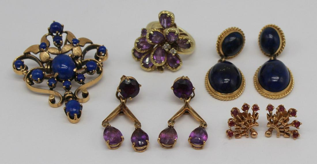 JEWELRY. Assorted Gold and Colored Gem Grouping.: Includes a 14kt yellow gold cocktail ring set with pear-shaped and round cut amethysts with (2) diamond accents, missing one stone; a pair of 14kt yellow gold and Lapis Lazulis drop earrings; an openw