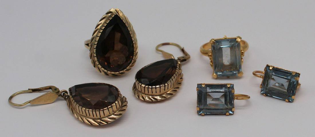 JEWELRY. Gold and Colored Gem Jewelry Suites.: Includes a 3 pc. 14kt yellow gold and smoky quartz demi-parure comprised of a 14kt yellow gold ring set with a pear-shaped smoky quartz and a pair of 14kt yellow gold earrings with 14kt gold mounted p