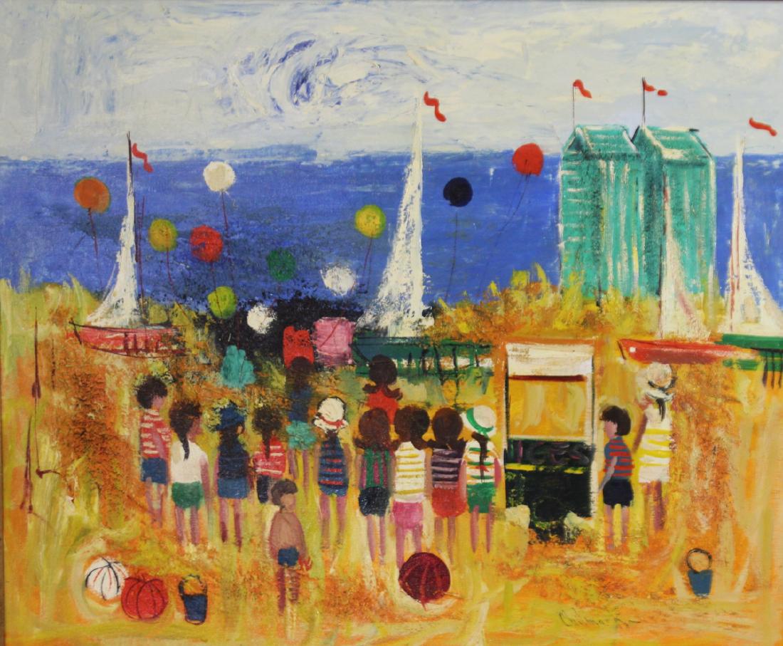 ILLEGIBLY. Signed Oil on Canvas, Beach Scene (1 of 4)