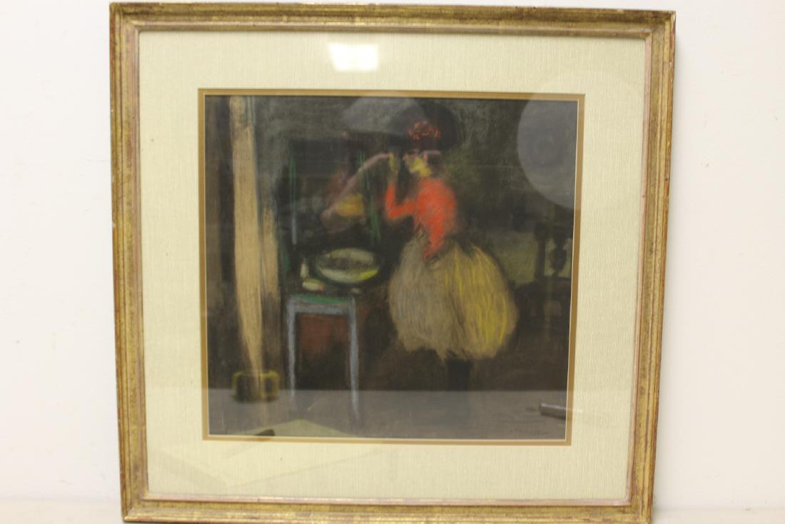 ILLEGIBLY. Signed Lr Rt Pastel Woman At Vanity . (1 of 6)