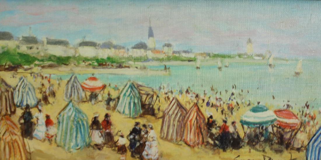 ILLEGIBLY. Signed Oil On Canvas Beach Scene. (1 of 4)