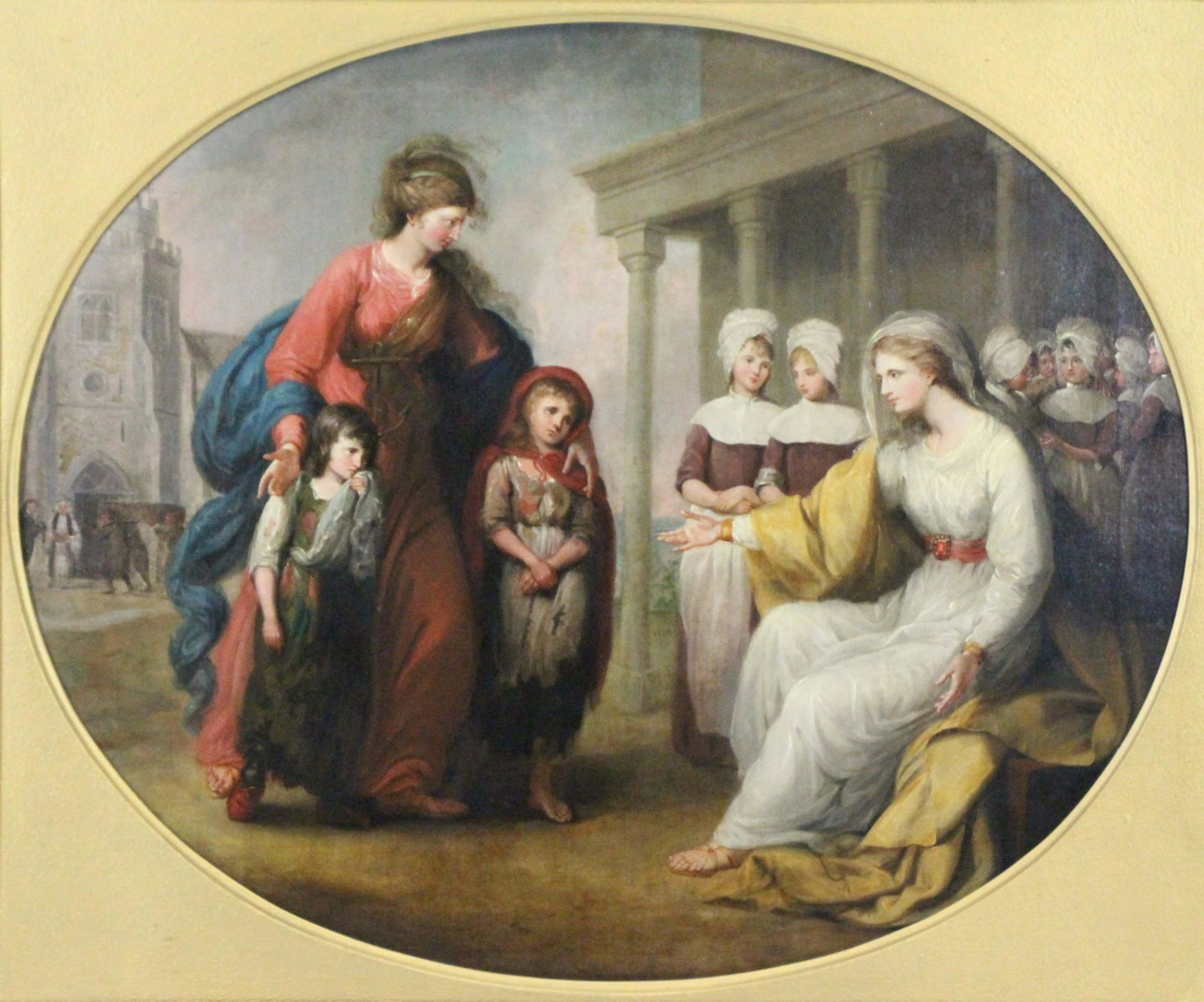THOMAS SPENCE DUCHE Jr. (AMERICAN, 1763-1790).: Oil on Canvas. Asylum: Hope Presenting Two Orphan Girls to the Genius of the Asylum. From a Philadelphia, PA collection. - Dimensions: 25" high x 30" wide