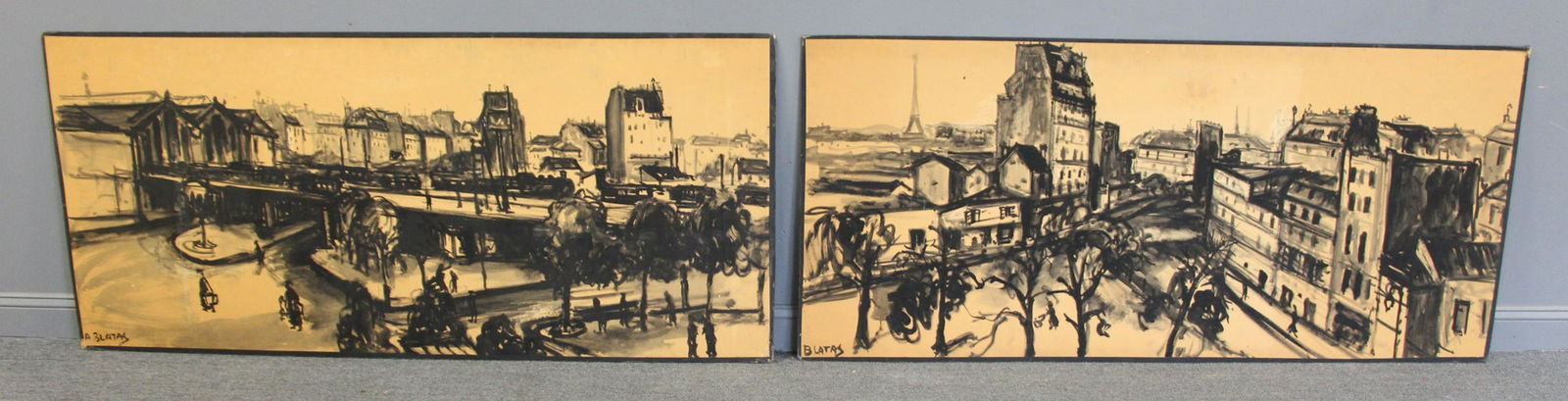 ARBIT BLATAS (LITHUANIAN-AMERICAN, 1908 - 1999).: Pair of Parisian Landscapes. Ink and Wash on Carton. Signed lower left. From a Bronx, NY collection. - Dimensions: 34" high x 74" wide